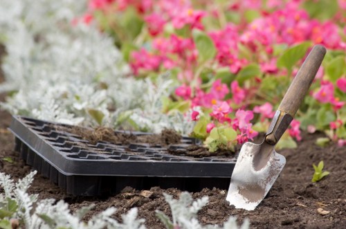 Work begins on hedge trimming and tidy-up in a landscaped garden