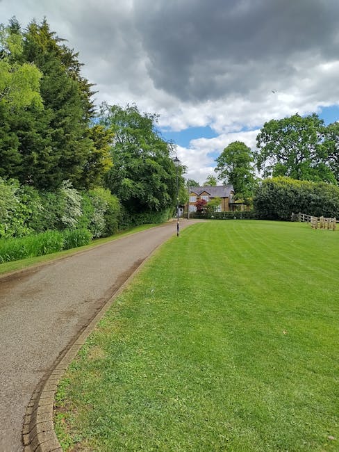 A well-maintained garden featuring a lush, evenly cut green lawn on the right side, bordered by a low wooden fence and a variety of mature trees and dense shrubs on the left side, creating a natural b