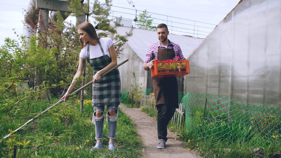 A young woman and a young man are working together in a garden during daytime, engaging in garden maintenance activities. The woman, dressed in a white t-shirt, ripped jeans, and a green checkered apr